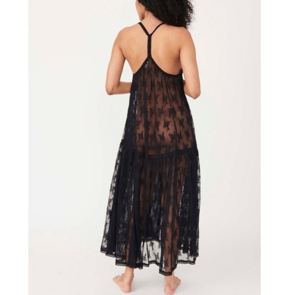 Free People In The Breeze Maxi Slip Floral Lace Button Front Tiered Black Sm NWT - Picture 2 of 14